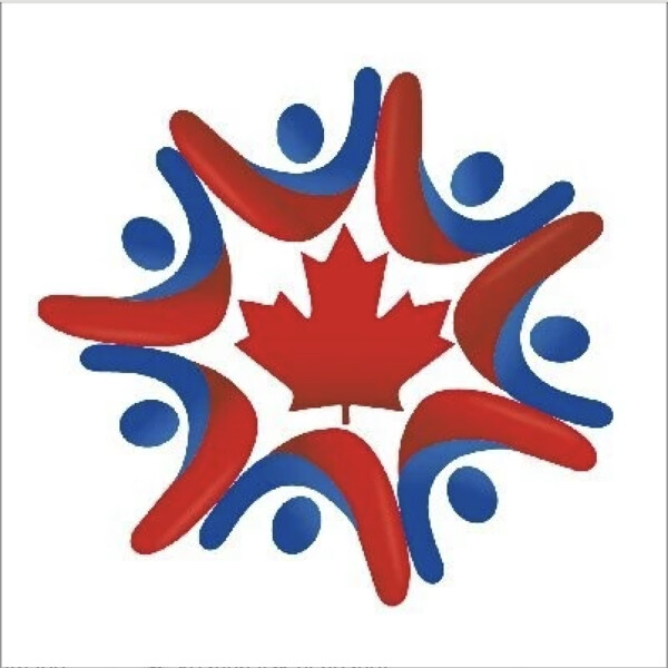 Red and blue logo framing a red maple leaf.
